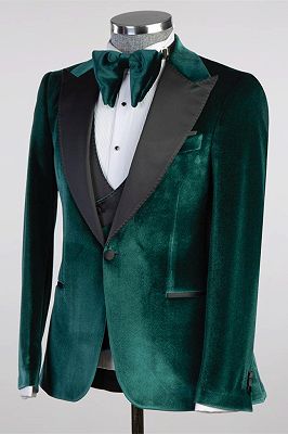 Ted Turquoise Peaked Lapel Three Pieces Velvet Prom Suits_3