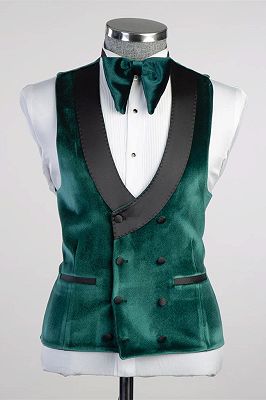 Ted Turquoise Peaked Lapel Three Pieces Velvet Prom Suits_4