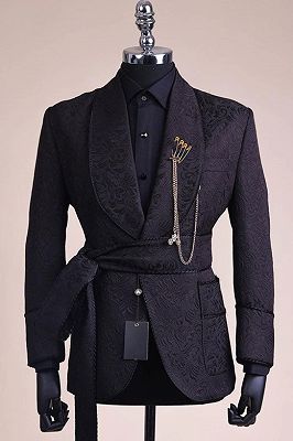 Chic Black Jacquard Shawl Lapel Best Fitted Wedding Groom Suits with Belt