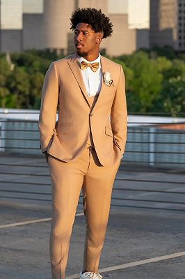 Warner Khaki Peaked Lapel Three Pieces One Button Prom Suits