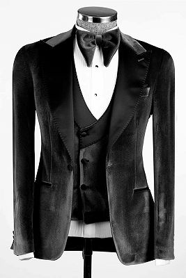 Taylor Black Peaked Lapel Three Pieces Velvet Prom Suits_1