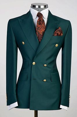 Double Breasted Dark Green Men's Business Formal Suits with Flap Pockets_1