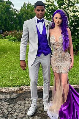 Vincent Light Gray Peaked Lapel Three Pieces Prom Suits With Royal Blue Vest_1