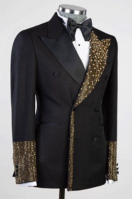 Steward Black Peaked Lapel Double Breasted Prom Suits With Gold Beading_2