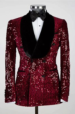 Stanley Burgundy Shawl Lapel Double Breasted Sequins Prom Suits