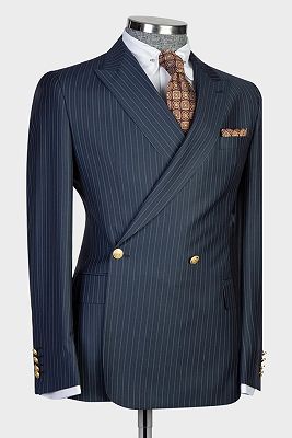 Steven Navy Peaked Lapel Double Breasted Striped Business Suits_2