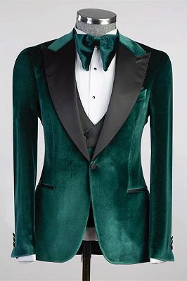 Ted Turquoise Peaked Lapel Three Pieces Velvet Prom Suits_2