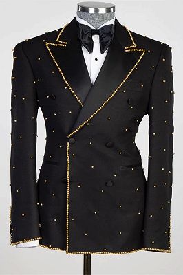 Tate Black Peaked Lapel Double Breasted Prom Suits With Gold Beading