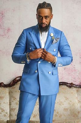 Wayne Blue Peaked Lapel Double Breasted Prom Suits