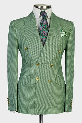 Stev Green Shawl Lapel Double Breasted Plaid Prom Suits_1