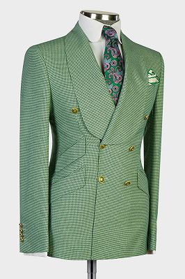 Stev Green Shawl Lapel Double Breasted Plaid Prom Suits_2