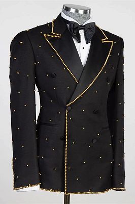 Tate Black Peaked Lapel Double Breasted Prom Suits With Gold Beading