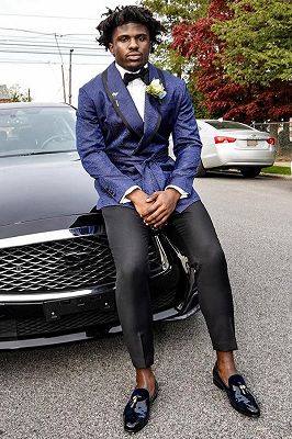 Waller Navy Jacquard Shawl Lapel Prom Suits With Black Pants