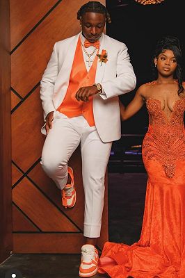 Tony White Shawl Lapel Three Pieces Prom Suits Withe Orange Vest_1