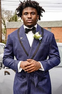 Waller Navy Jacquard Shawl Lapel Prom Suits With Black Pants