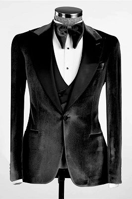 Taylor Black Peaked Lapel Three Pieces Velvet Prom Suits_2