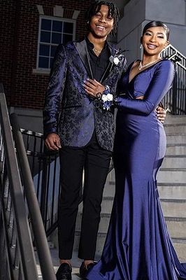 Will Dark Navy Jacquard Prom Suit With Black Peaked Lapel