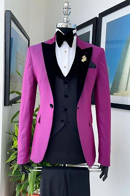 3 Piece Fuchsia Men's Suit with Black Velvet Lapel