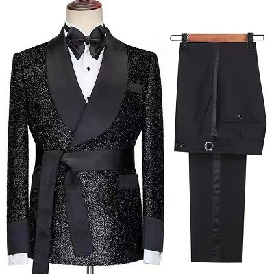 Sparkling Black Men's Wedding Suit Satin Shawl Lapel Prom Suit with Belt