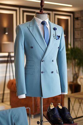 Lambert Sky Blue Peaked Lapel Double Breasted Bespoke Prom Men Suits