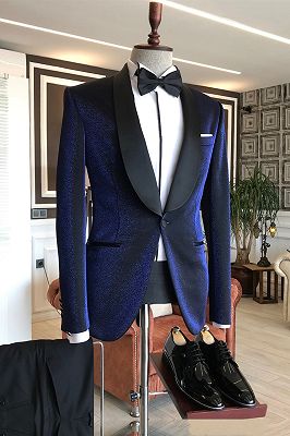 Luciano Sparkly Navy Blue Shawl Lapel Wedding Suits with Black Lapel_1