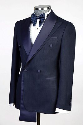 Bein Dark Navy Double Breasted Men’s Formal Suit with Satin Lapel_2