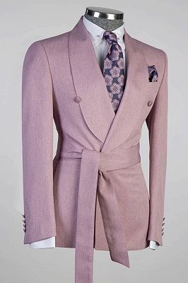 Chwen-yu Stylish Shawl Lapel Rose Pink Business Suit with Sash for Prom