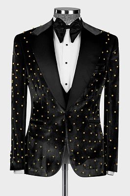 An Luxury Black Velvet 3 Piece Gold Beadings Men's Dinnig Suits_2