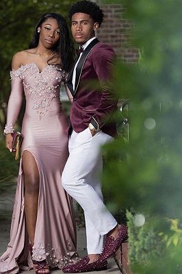 Wolfe Mauve Velvet Prom Suits With Black Shawl Lapel And White Pants_2