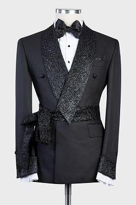 Pa Sparkling Shawl Lapel Double Breasted Black Wedding Suit with Belt_1