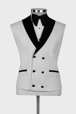 Cheng 3 Piece White Jacquard Wedding Suit with Black Velvet for Groom_3