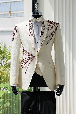 Hayes White Jacquard Burgundy Beadings 3 Piece Men's Suit for Wedding