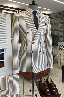 Bright Pinstripe Khaki Double Breasted Formal Business Suit