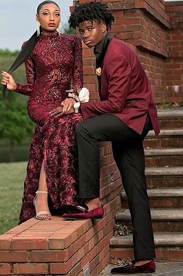 Witt Burgundy One Button Prom Suits With Black Shawl Lapel_2