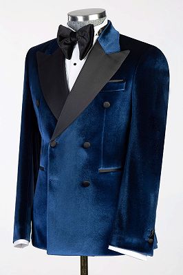 Pai-li Navy Blue Velvet Black Satin Peaked Lapel Wedding Suits_2