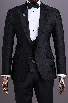 Abbott Modern Handmade 3 Piece Black Jacquard Men's Wedding Suit_1