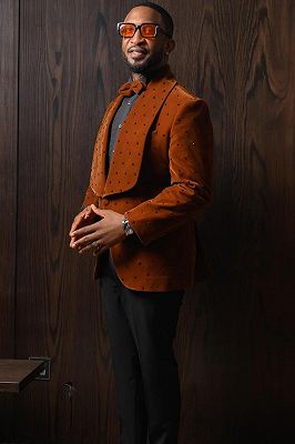 Young Caramel Shawl Lapel Velvet Prom Suits With Beading_3