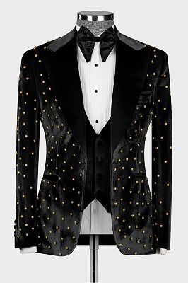 An Luxury Black Velvet 3 Piece Gold Beadings Men's Dinnig Suits_1