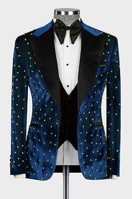 Ao 3 Piece Peaked Lapel Navy Blue Velvet Prom Suits with Gold Beadings_1