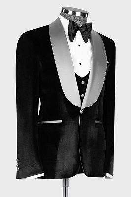 Cha Silver Sash Shawl Lapel Black Velvet 3 Piece Prom Suit Wedding Tuxedo_3