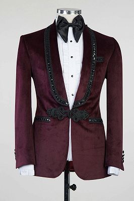 Pan New In Burgundy Velvet Knitted Button Black Chains Prom Suit