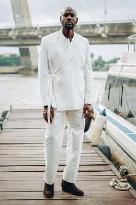 Ziv White Peaked Lapel Prom Suits With Sash_1