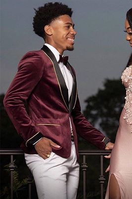 Wolfe Mauve Velvet Prom Suits With Black Shawl Lapel And White Pants_3