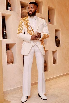 York White Shawl Lapel Three Pieces Prom Suits With Golden Beading_1