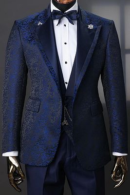 Parker 3 Piece Navy Blue Jacquard Wedding Suit for Groom_1