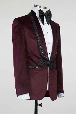 Pan New In Burgundy Velvet Knitted Button Black Chains Prom Suit_3