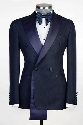 Bein Dark Navy Double Breasted Men’s Formal Suit with Satin Lapel_1