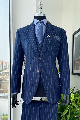 Chanbers Navy Blue Pinstripe 3 Piece Men's Formal Business Suit with Waistcoat