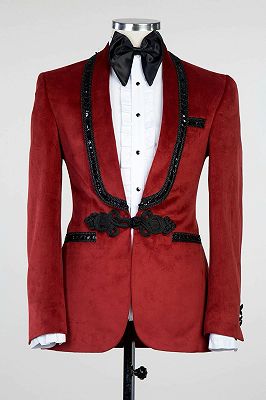 Paul Dark Red Velvet Knitted Button Black Chains Prom Suit_1