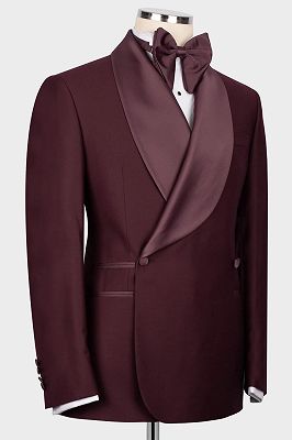 Chiong Satin Shawl Lapel Slim Fit Burgundy Prom Outfits Wedding Suit